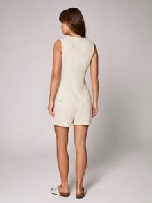 Flirla 2pcs/Set Women Apricot Linen V-Neck Sleeveless Vest & Loose Casual Vacation Shorts Suit