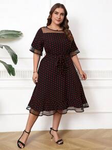 SHEIN Clasi Plus Size Women Polka Dot Print Contrast Mesh Ruffle Sleeve Elegant A-Line Dress - Black - View 6