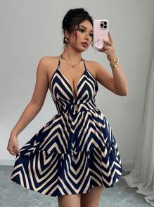 Elenzga Vestido casual de vacaciones para mujer con estampado bohemio, tirantes de espagueti y espalda descubierta - Azul Marino - Ver 1