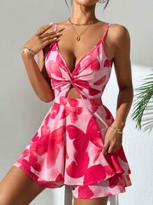 SHEIN Holidaya Romper Liburan dengan Tali Bahu Tipis, Leher V, Bagian Depan Berpilin, dan Bagian Belakang Berongga. - Hot Pink - View 4