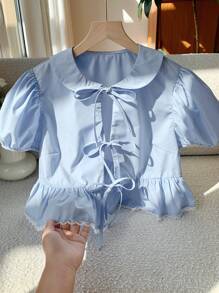 Comfortcana Women's Summer Front Tie, Ruffle Hem, Puff Sleeve Blouse