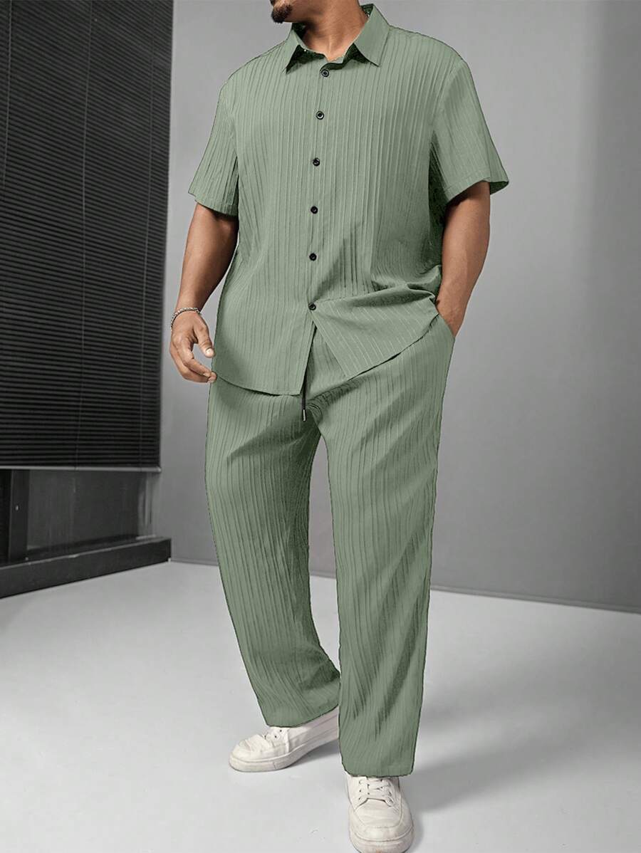 Manfinity Homme Plus Size Men's Casual Solid Color Shirt And Pants Set, Versatile - Mint Green - View 1