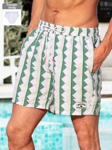 Manfinity Swimmode Men's Geometric Print Drawstring Waist Pocket Loose Beach Shorts