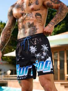 Manfinity Swimmode Men's Coconut Tree & Letter Print Beach Shorts