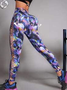 Innovista Women Activewear Seamless Abstract Plant Texture Sports Leggings, Breathable Mesh & High Elastic Dry Fit Gym Bottom. High Waist Tummy Control & Compress Workout Outfits, Dynamic Marbling Digital Print Shapewear, Boxing, Outdoor, Hike, Camping, Trail, Yoga, Mat, Volleyball, Climbing, Music Festival, Party, Electric, Base Layer, Blue, Purple, Black, Y2K, Spring Summer Gear, Waist Trainer, Starter Sportswear - Mixed color - View 5