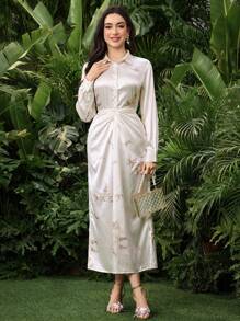 Modelyn 2 件女式印花长袖前纽扣上衣和 A 字裙套装 - 杏色 - 查看 6