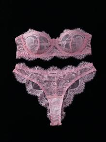 SHEIN 2件套女士蕾丝时尚紧身胸衣性感文胸和内裤内衣套装 - 粉色 - 查看 5