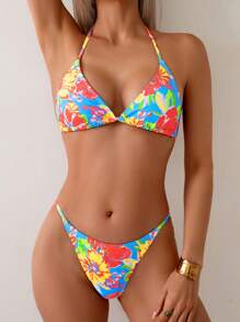 SHEIN Swim 花卉印花比基尼套装，带有随机印花图案的度假海滩泳装 - 黃色 - 查看 1