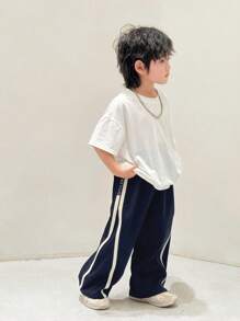 Young Boy Loose Fit Casual Trousers With Contrast Striped Side Decoration, Collegiate Style,Kids - Navy Blue - View 3