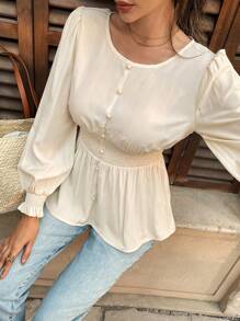 Breezaya Comfortable Pull-On Waist Cinched Casual Shirt, Spring/Summer Fall Cloth For Women - Apricot - View 1