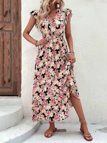 Breezaya Allover Floral Print Butterfly Sleeve Ruffle Hem Dress Maxi Vacation Beach Outfits Women - Black - View 3