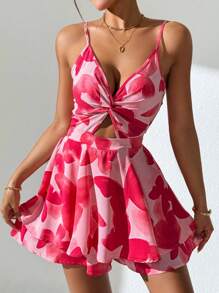 SHEIN Holidaya Romper Liburan dengan Tali Bahu Tipis, Leher V, Bagian Depan Berpilin, dan Bagian Belakang Berongga. - Hot Pink - View 6