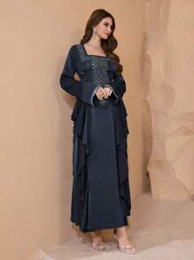 Al Najma 奢华亮片刺绣侧系腰闪光优雅阿拉伯连衣裙，端庄 - 寶藍色 - 查看 6