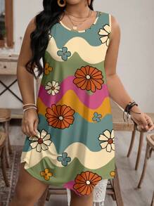 EMERY ROSE Vestido de verano casual y simple con cuello redondo y sin mangas para mujer de talla grande, atuendo para conciertos, atuendo para Pascua, atuendo para conciertos country, ropa occidental para mujeres, estilo bohemio, ropa bohemia para mujeres, atuendos de verano para mujer