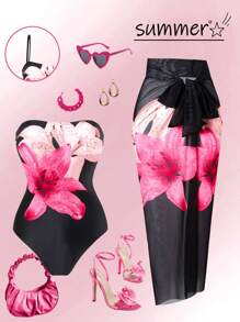 SHEIN Swim Curve Conjunto de traje de baño de una pieza estampado talla grande + falda tipo cover-up para el verano