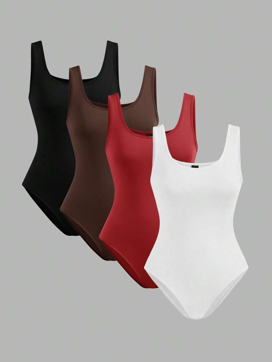 SHEIN EZwear Bộ 4 bộ đồ liền thân không tay cổ tròn thường ngày dành cho nữ, dáng ôm, thích hợp cho mùa hè - Nhiều màu - Xem 1