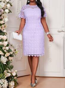 Fleurora 春夏休闲优雅波西米亚风紫色蕾丝圆领修身直筒中长连衣裙婚礼大码连衣裙度假装女士沙滩装女士海滩度假沙滩裙婚礼宾客连衣裙女士商务休闲女士舞会礼服 - 紫色 - 查看 5