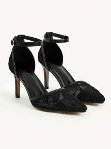 CUCCOO CHICEST 女士蕾丝网眼尖头镂空踝带高跟派对婚鞋，黑色 - 黑色 - 查看 6