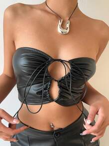 INAWLY Women's Fashion Sexy Drawstring PU Hollow Out Cropped Tube Top - Black - View 6