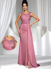 Coutiva Vestido de fiesta elegante con lentejuelas y recortes, vestido de noche estilizador, vestido de invitada de boda, vestido formal
