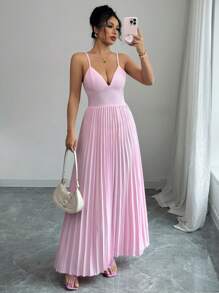 Elenzga Damen V-Ausschnitt geraffte rückenfreie Schleifendekor Lässig Urlaub Mini Kleid - Pink - Übersicht 3