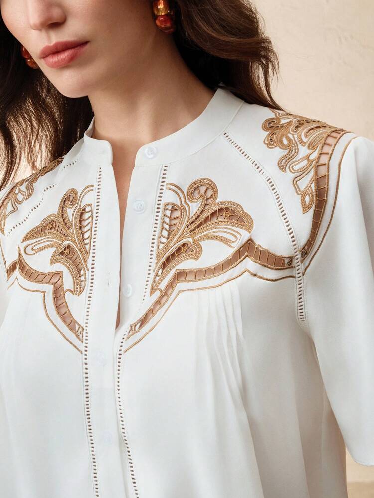 Hollow-Out Floral Embroidery "Old Money, Summer" Design Fashionable High-Grade Ladies Blouse