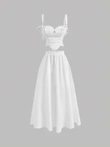 SHEIN MOD 2pcs/Set Women White Heart Shaped Asymmetrical Hem Top And Long Skirt, Dreamy Romantic Luxurious Style, Decorated With Bow, Suitable For Dates, Parties, Holidays, Afternoon Tea, Birthday,Summer Outfits For Women,Easter Outfits,Beach Outfits For Woman,Vacation Outfits Women,Spring,Concert Outfit Women,Rave Outfits,Cruise Attire Women,Western Wear Women,Boho Women Clothing,Festival Outfits For Women - White - View 1