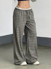 StreetHx Women's Casual Contrast Color Plaid Straight Leg Pants, Spring/Summer Fall Cloth For Women - Black and White - View 4