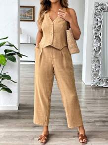 Flirla 2 pièces ensemble grande taille : Gilet sans manches décontracté et pantalon