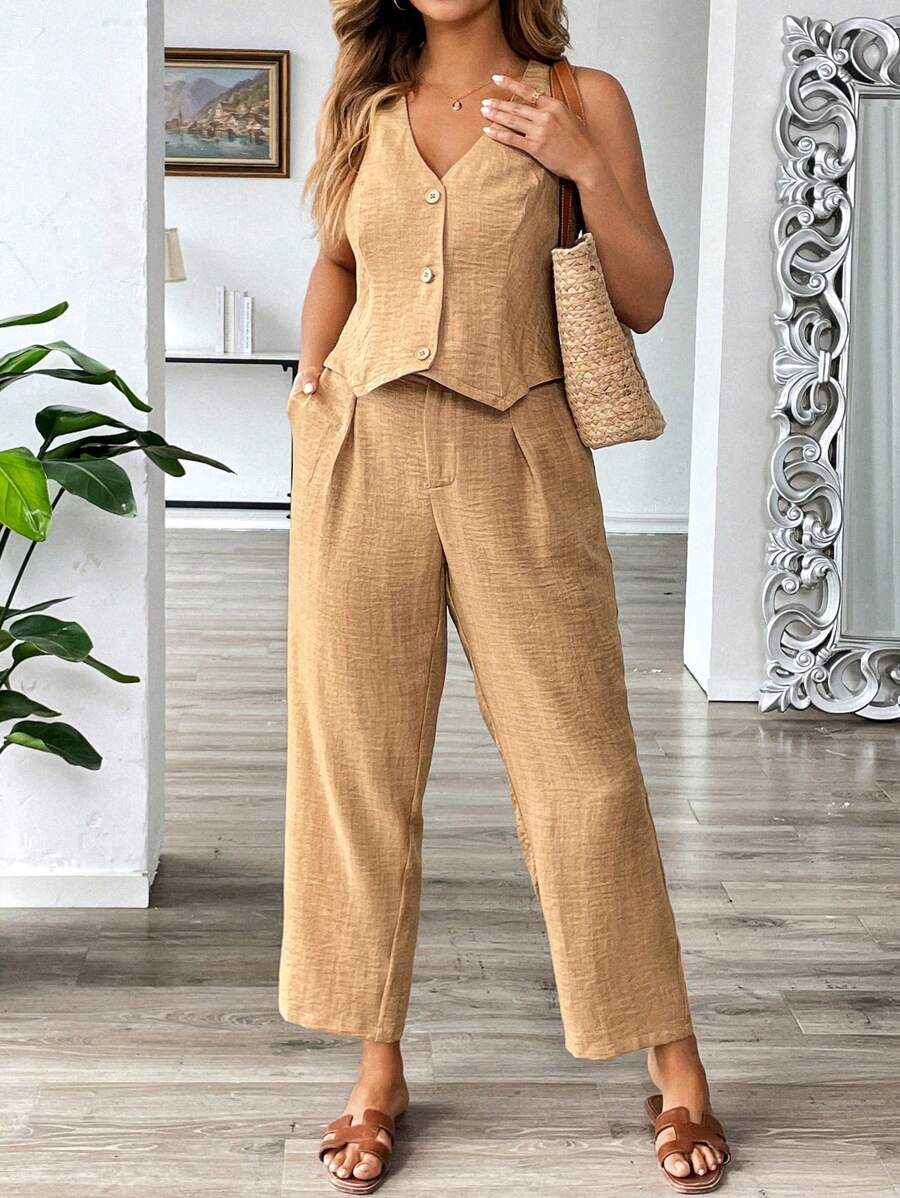 Flirla 2 pièces ensemble grande taille : Gilet sans manches décontracté et pantalon