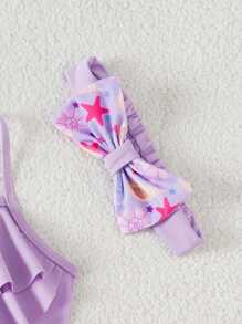 Conjunto de bikini para niñas pequeñas con volantes y estampado de conchas marinas, talla grande diadema, traje de baño de 3 piezas para bebé niña - Multicolor - Ver 4