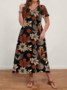 EMERY ROSE Robe longue décontractée à col V et manches courtes, pour femmes grande taille. Convient pour l'été - Multicolore - Voir 3