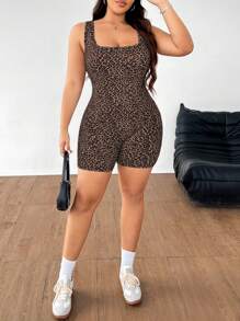 SHEIN EZwear Jumpsuit mit Leoparden-Muster und ärmellos Große Größen für Damen, Rundhalsausschnitt