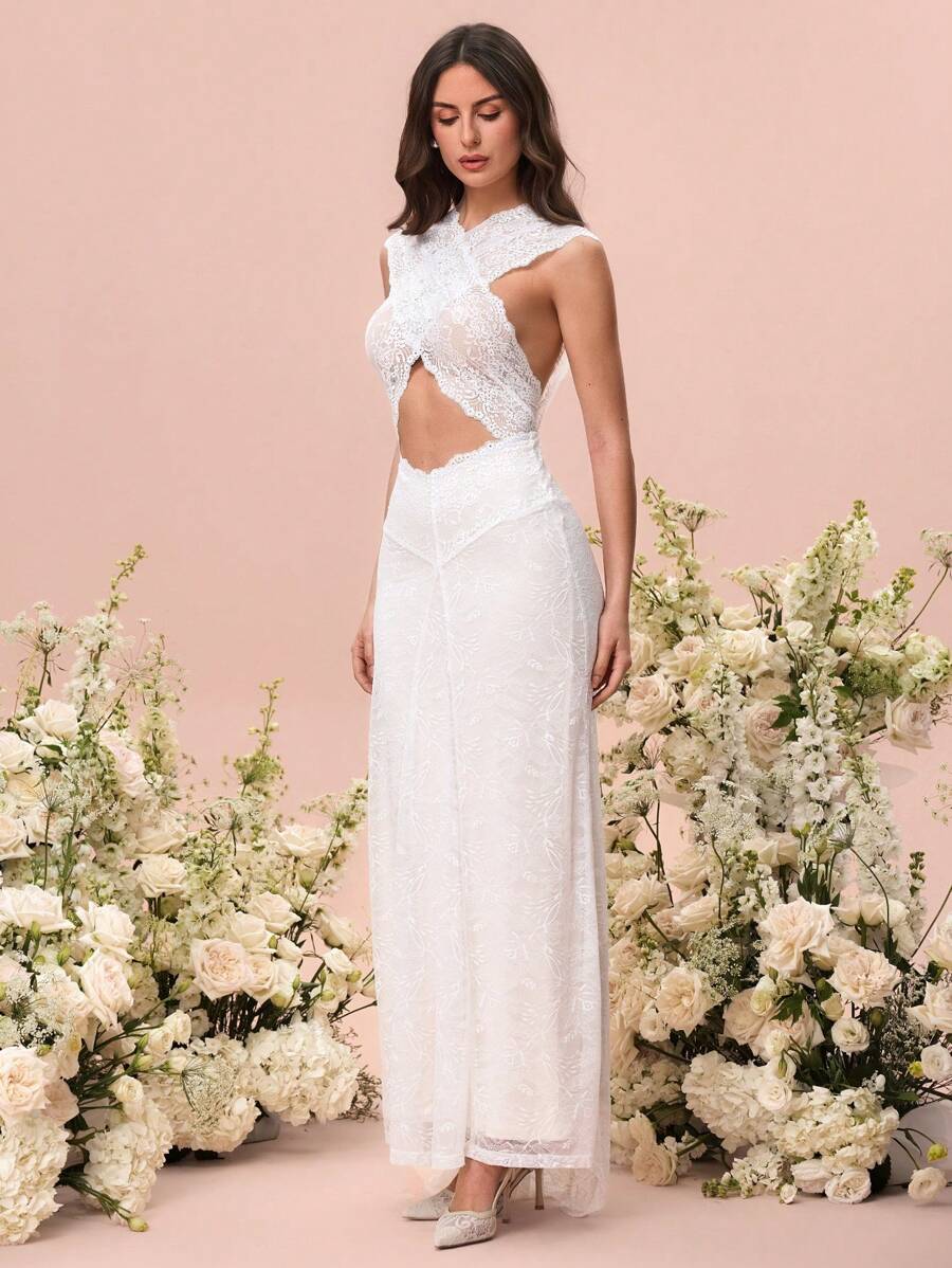 Glamine Women Lace Maxi Sheer Dress In White - White - View 1