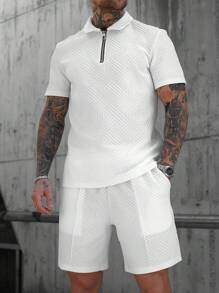 Manfinity Homme Manfinity Men's Fashionable 3D Textured Casual Polo Set Polo Co-Ords,Men's Textured Short Sleeve Top And Shorts, INS Best-Selling Summer 2pcs Set - White - View 8