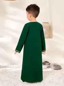 2pcs Young Boy Set: Pieced Rib Trim Long Robe Top And Pants