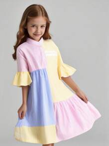 SHEIN Young Girl Striped Ruffle Cuff Button Front Casual Dress Spring Dress For Girls Spring Dresses For Girls Spring Dresses For Kids Spring Dress For Young Girls Spring Kids Dresses - Multicolor - View 1