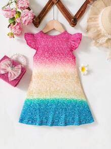 Baby Girl One-Piece Colorful Unicorn Ruffle Edge Cap Sleeve Summer Sleeveless Round Neck Sundress - Pink - View 2