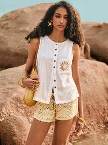 Poéselle 女士无袖圆领太阳刺绣衬衫，度假女装，可爱夏季上衣，外出上衣，沙滩女装，夏季女装 - 白色 - 查看 2