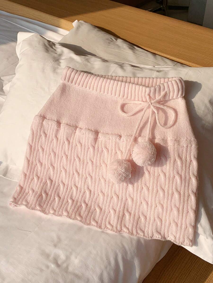 SHEIN Comfortcana 女士休闲纯色绒球装饰抽绳腰部针织 A 字裙 - 淺粉色 - 查看 1