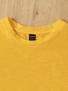 SHEIN EZwear 女士黄色针织圆领短袖荷叶边下摆休闲 T 恤 - 黃色 - 查看 3