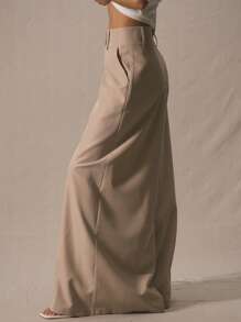 MUSERA 修身超宽腿裤，深腰设计，优雅专业，商务休闲，适合度假、秋冬、工作、办公室、约会、外出、返校、婚礼宾客等场合，也可作为精致早午餐或春季穿着。 - 棕色 - 查看 3