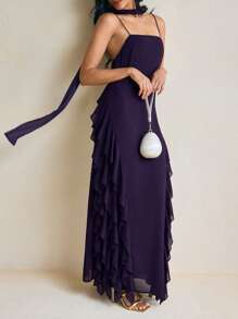 TSS Vestido maxi de gasa con tirantes de espagueti, volantes laterales y chal en color púrpura oscuro, vestido elegante para boda, cóctel o fiesta formal para mujer, vestido de verano bohemio para vacaciones
