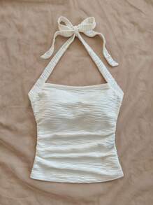 SHEIN WYWH Top a canotta aderente a costine extra large in maglia bianca con collo alto, adatto per vacanze