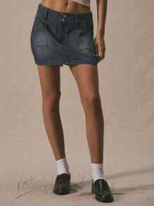 MUSERA Low Rise Striped Pocket Front Detail Double Button Denim Mini Skirt Spring Summer Cute Vacation Casual 90's Y2k  Chic - Medium Wash - View 1