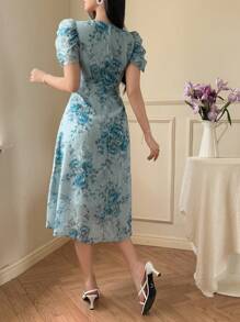 xheDAZY Vestido de mujer de longitud media con escote en V y estampado floral diminuto, vestido de verano para el Día de San Valentín, atuendos de vacaciones para mujeres, estilo bohemio para Pascuaxhe - Azul - Ver 6