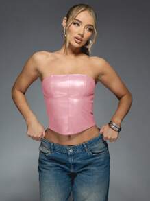 MISSGUIDED Corset Style Bustier Tank Top Faux Leather Structured Boned Crop Party Club Festival Y2K Strapless Sleeveless Fitted Bodycon Women Top - Baby Pink - View 6