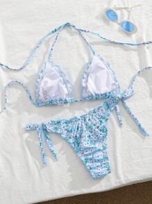 SHEIN Women Spring Break Floral Print Ruffled Spaghetti Strap Bikini Top With Tie Side Bottoms, 2 Pieces Swimwear Set, Casual Beach Vacation Outfit - Multicolor - View 2