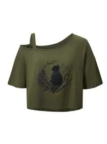 SHEIN Explorewe Short Sleeve Casual Teen Girls Cat Print Oblique Shoulder T-Shirt, Streetwear Style' - Dark Green - View 1