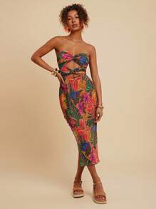 Travachic 女士热带植物印花镂空长款露背连衣裙，度假风格 - 玫紅色 - 查看 7